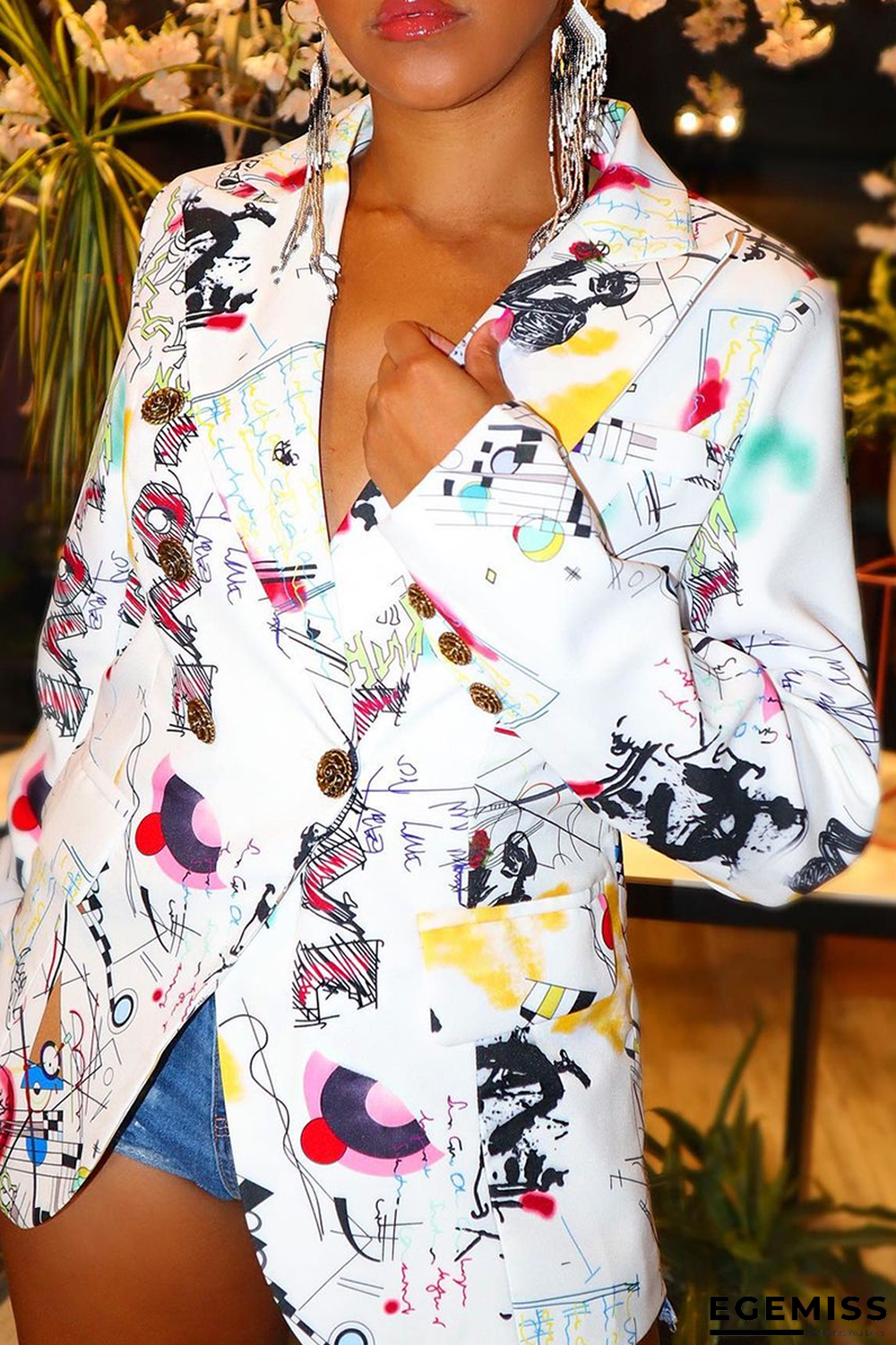 White Casual Print Patchwork Turndown Collar Outerwear | EGEMISS