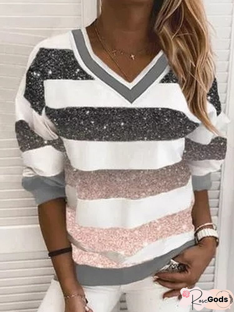 Long Sleeve Casual Cotton-Blend Geometric Tops