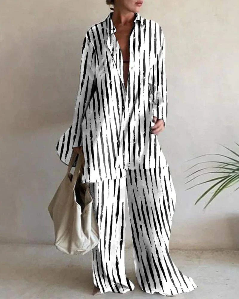 Printed Loose Long Sleeve Shirt + Straight Pants