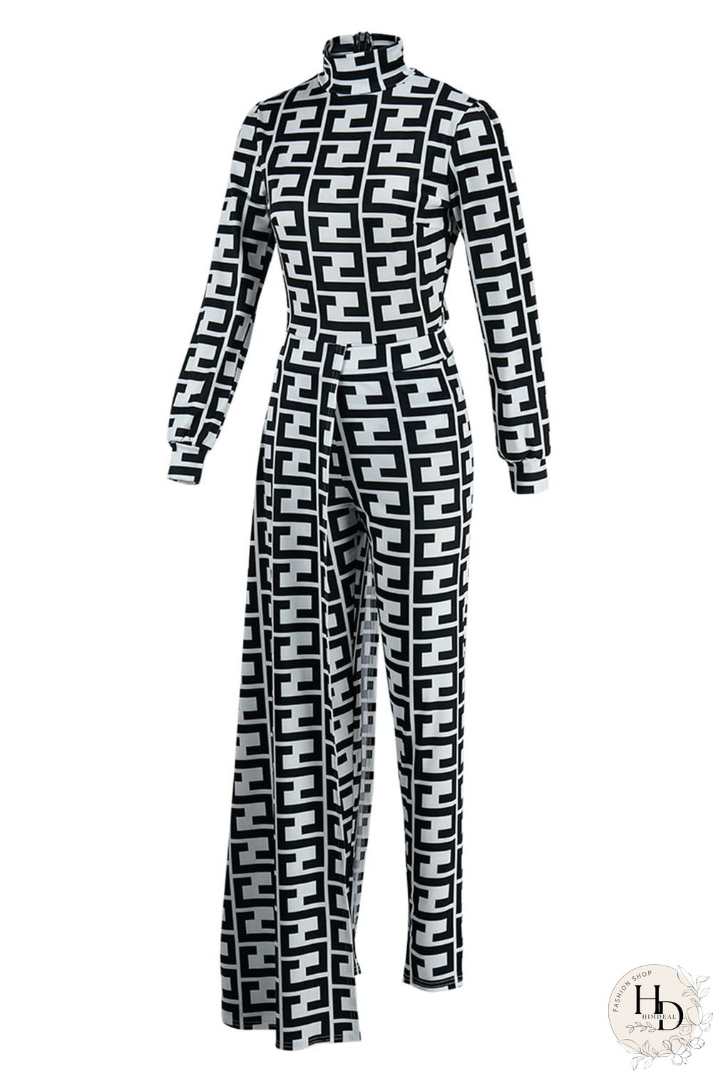 Black And White Casual Print Asymmetrical Half A Turtleneck Long Sleeve Two Pieces