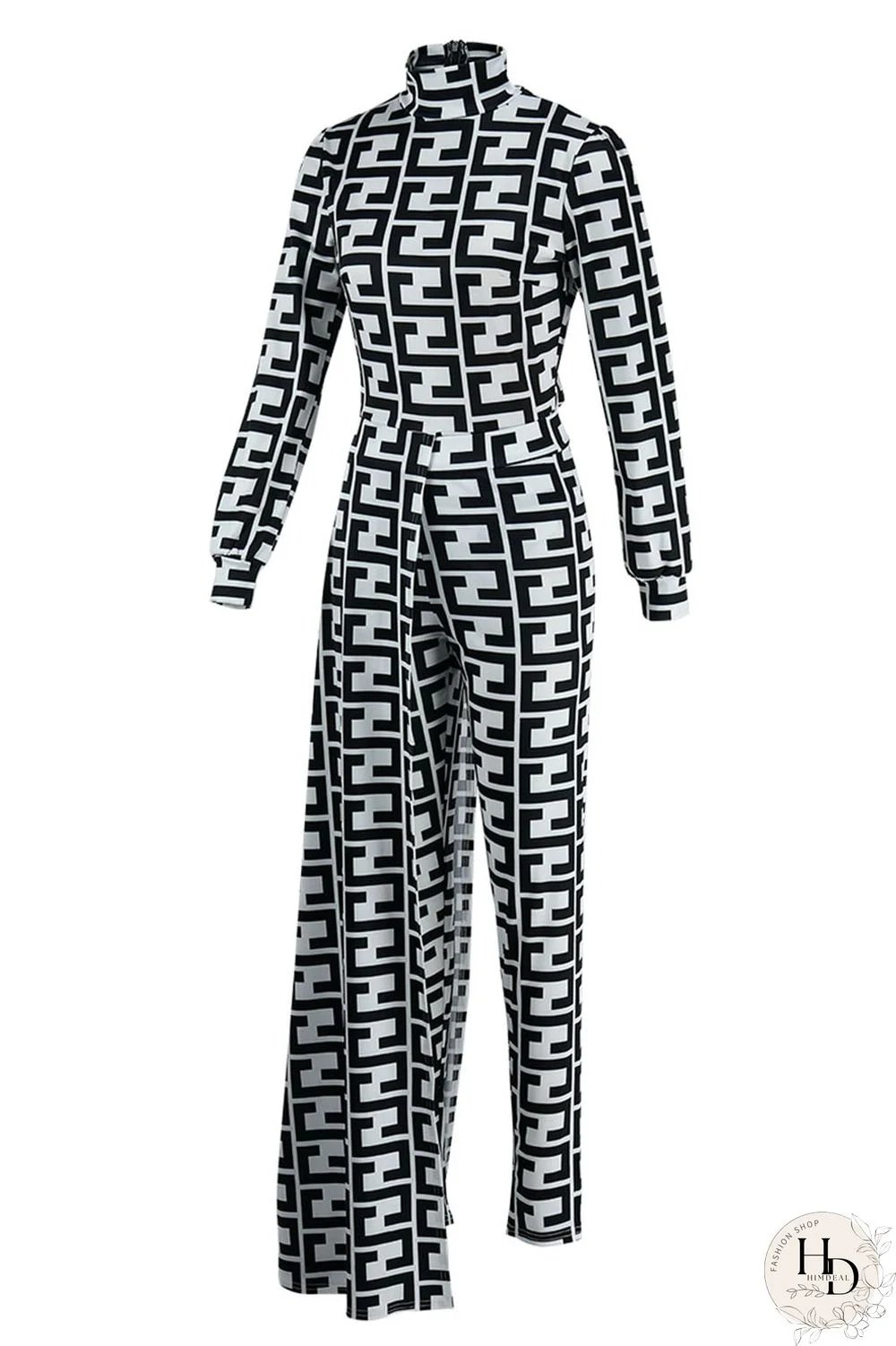 Black And White Casual Print Asymmetrical Half A Turtleneck Long Sleeve Two Pieces