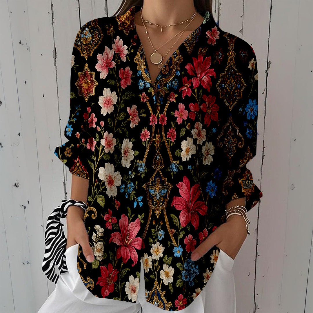 Women Long Sleeve V-neck Graphic Floral Printed Top
