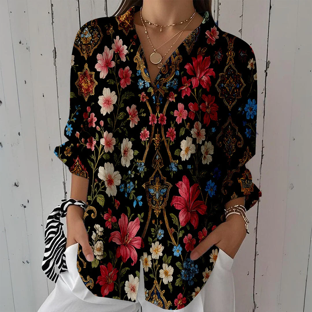 Style & Comfort for Mature Women Women Floral,Black,Red DZCL0253 3/4 Sleeve Shirt Collar Printed Button Tops