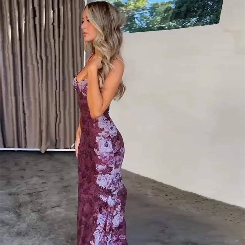 Uveng Uveng Summer Women's Vintage Print Premium Slip Dress Evening Dress