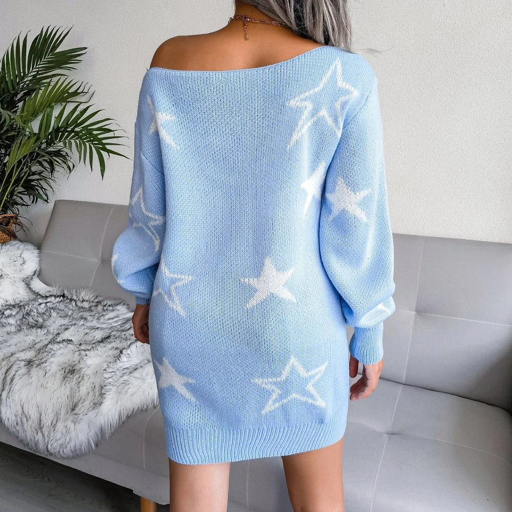 Star Embroidered One-neck Off-the-shoulder Sweater Dress