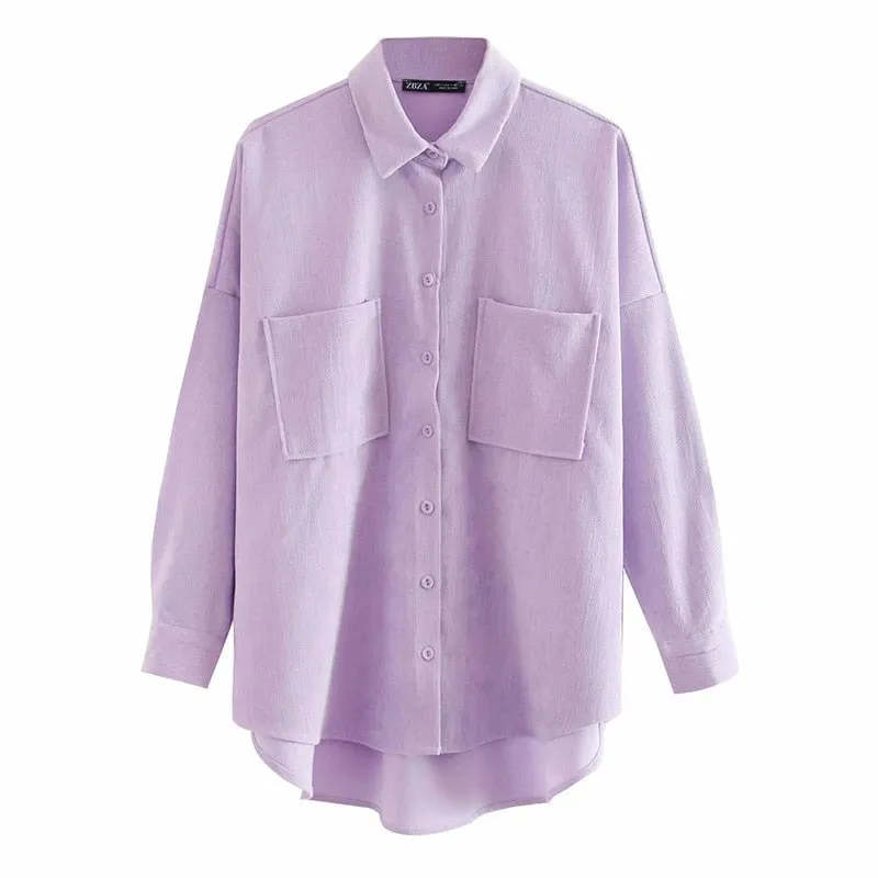 Women's Shirt Oversize Blouses Pocket Blusas Mujer Long Sleeves Corduroy Shirt Jackets Female Vintage Purple Overshirt Fashion