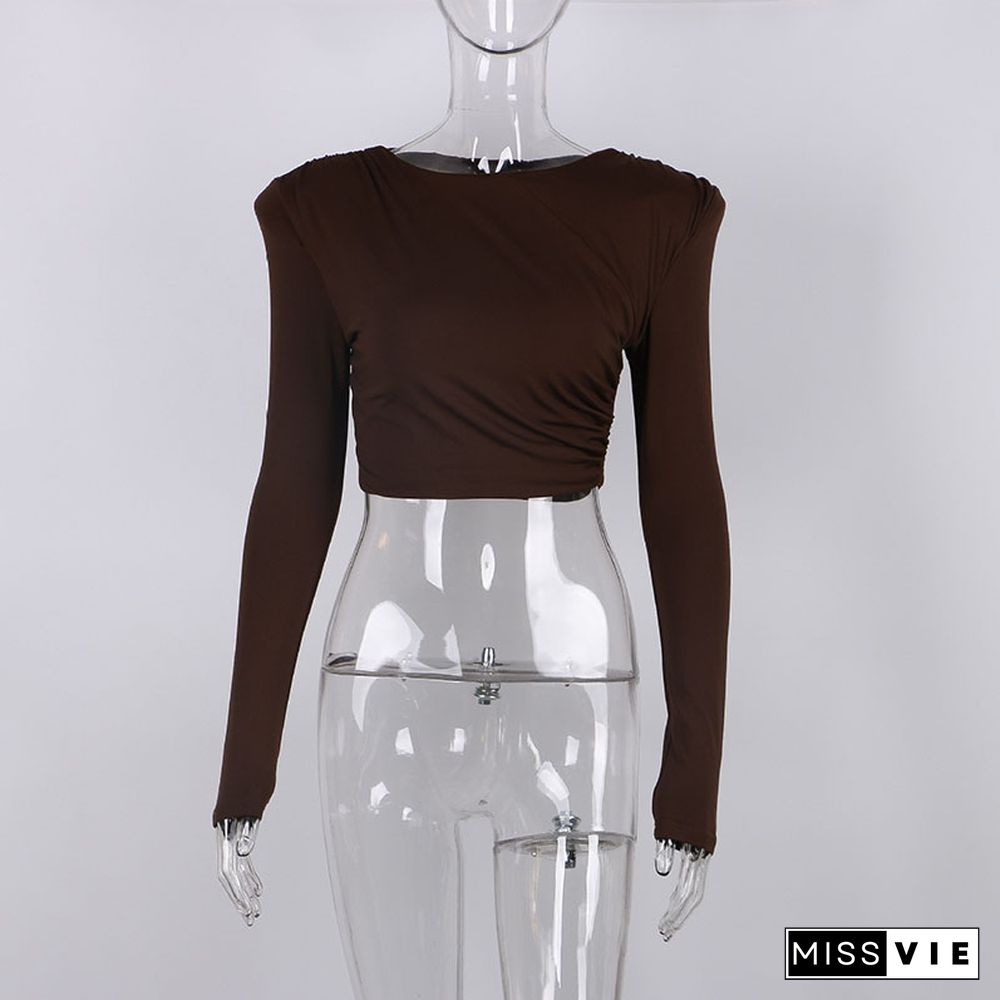 O Neck Brown Long Sleeve Crop Top Women Basic Casual Autumn Winter Sexy T Shirts Black Ruched Streetwear Fashion