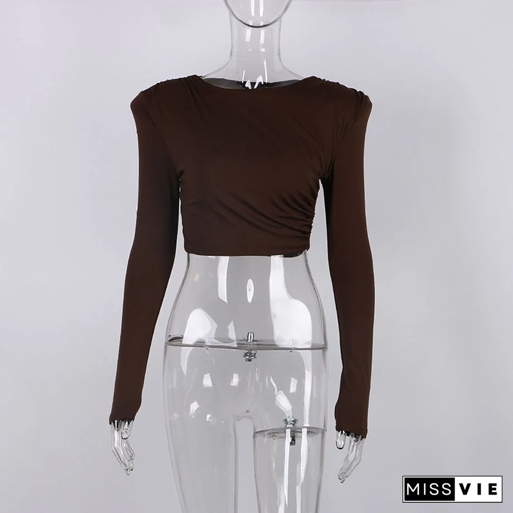 O Neck Brown Long Sleeve Crop Top Women Basic Casual Autumn Winter Sexy T Shirts Black Ruched Streetwear Fashion