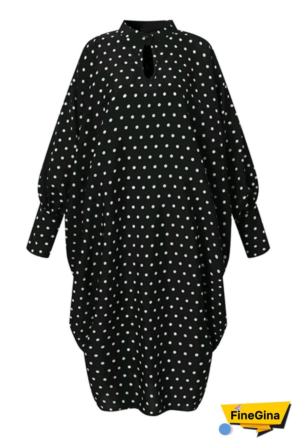 Black Casual Dot Print Hollowed Out Half A Turtleneck Long Sleeve Plus Size Dresses