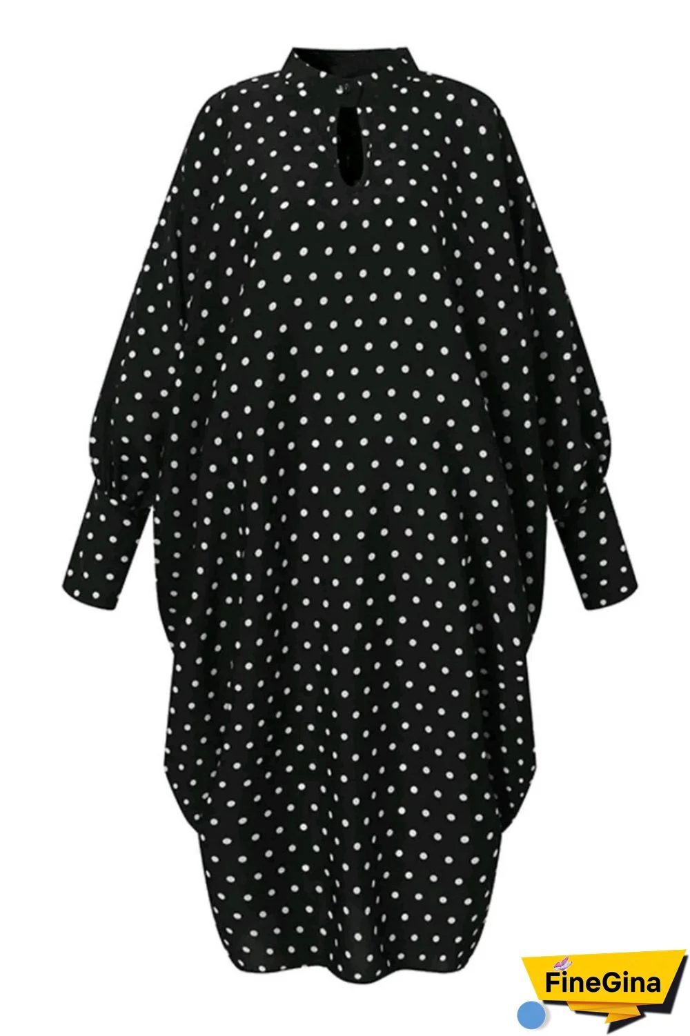 Black Casual Dot Print Hollowed Out Half A Turtleneck Long Sleeve Plus Size Dresses