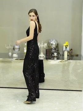 Women&rsquo;s Sexy Double V Neck Sparkly Long Wide Leg High Waist Jumpsuits Rompers