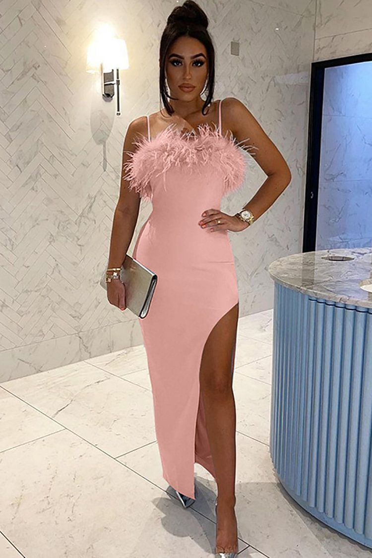 Feather Trim High Slit Bodycon Slip Maxi Dresses