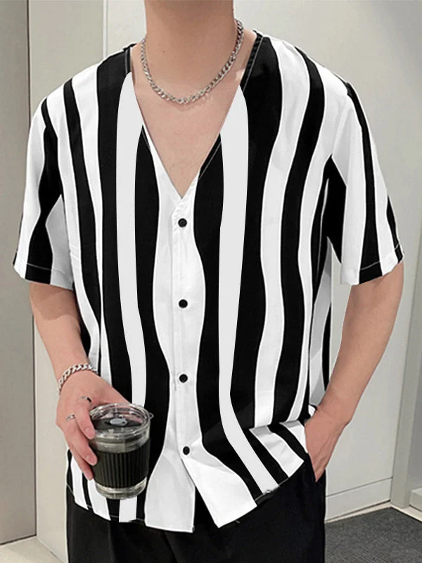 Aonga - Mens Black & White Striped Collarless ShirtJ