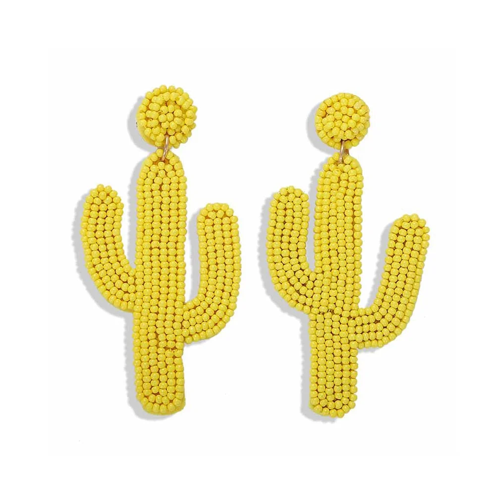 Dvacaman Cute Colorful Rhinestone Cactus Earrings for Women Boho Handmade Green Beaded Cactus Drop Dangle Earrings Jewelry Party