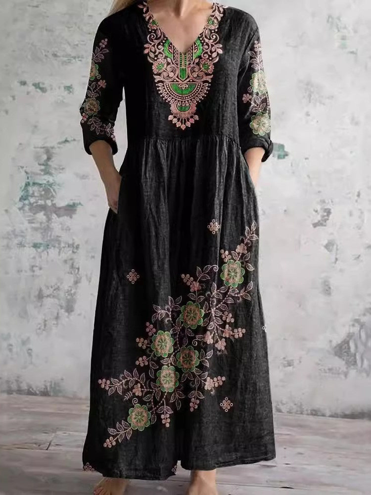 Women's Long Sleeve V-neck Floral Printed Midi Dress