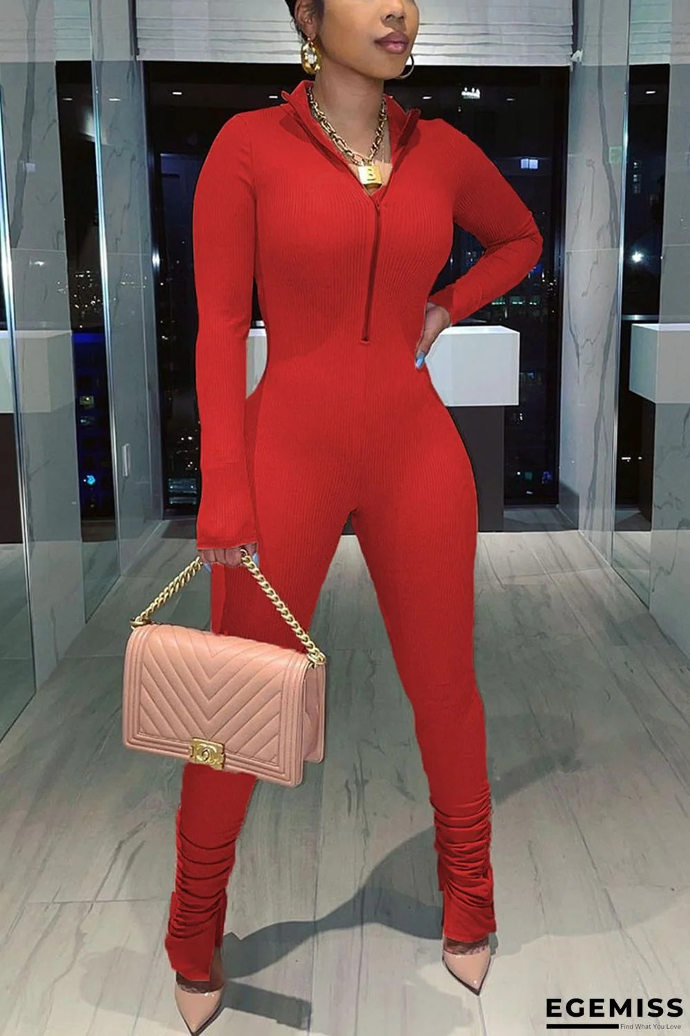 Red Sexy Print Fold Zipper Collar Skinny Jumpsuits | EGEMISS