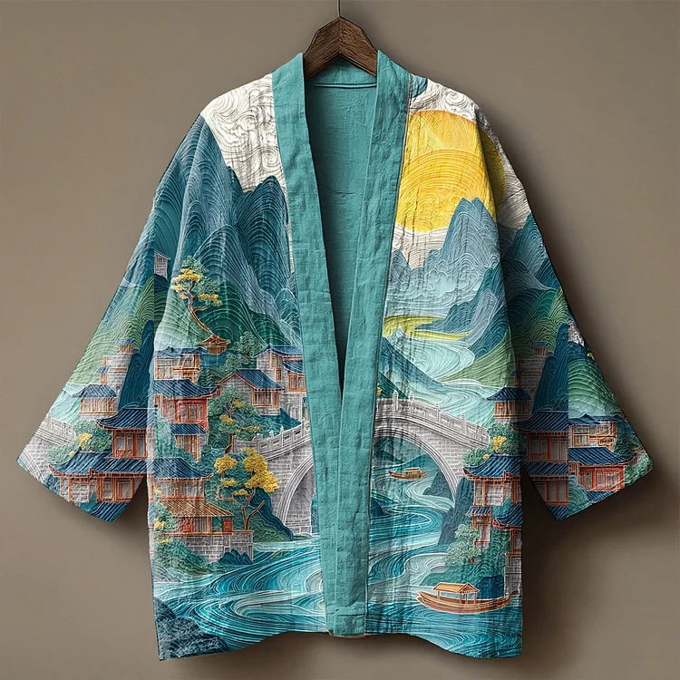 Japanese Art Print Linen Kimono Cardigan