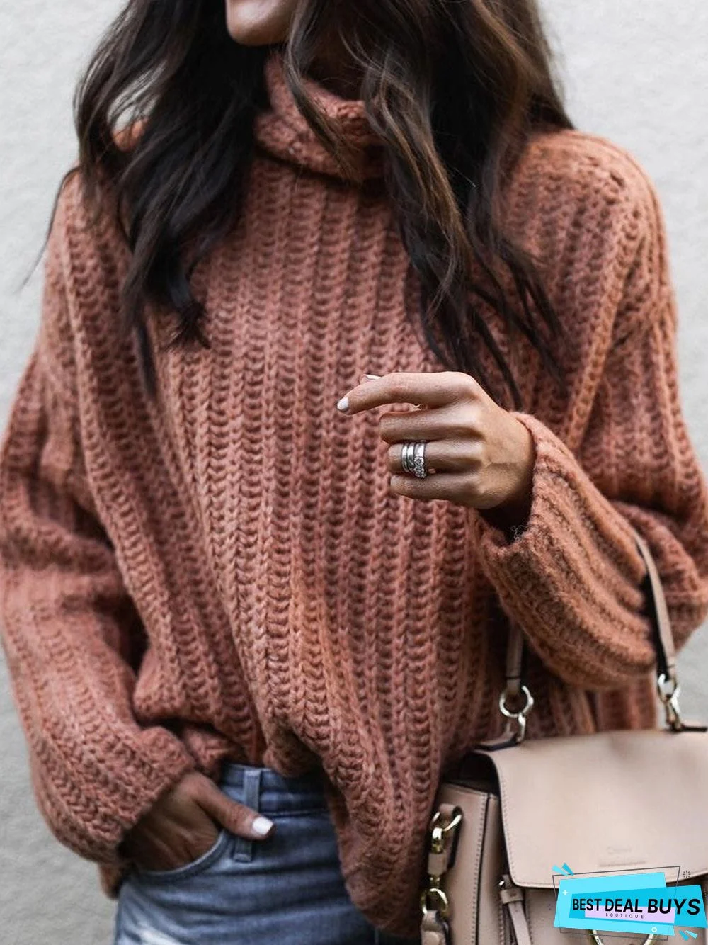 Cotton-Blend Long Sleeve Turtleneck Sweater