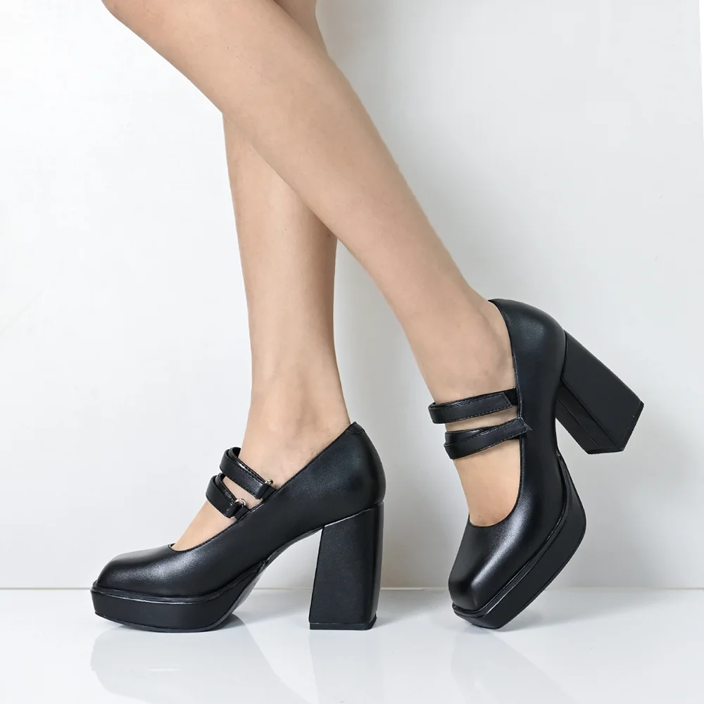 Black Square Toe Leather Shoes Chunky Heel Oxford Shoes