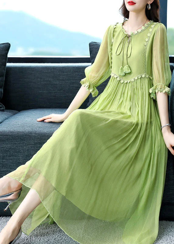 French Green O-Neck Lace Up Exra Large Hem Silk Long Dress Half Sleeve