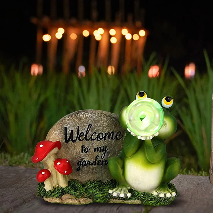 Solar Light Animal Statue Welcome Sign Resin Crafts Lawn Ornaments for Yard (C)