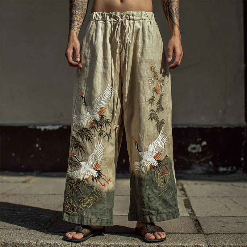 Men's Japanese Cranes & Bamboo Embroidered Linen Pants  artssus
