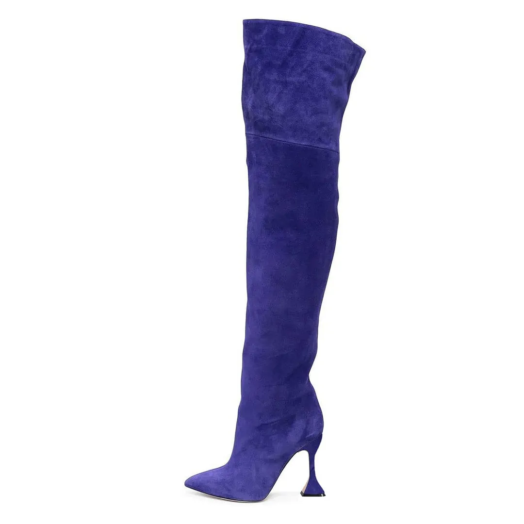 Pointed Toe Flared Heel Over The Knee Vegan Suede Boots in Blue