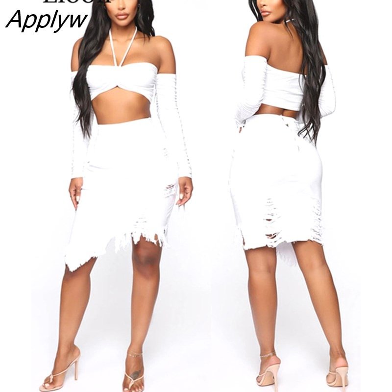 Applyw Hole Denim Midi Skirt With Tassel New 2023 Streetwear High Waist Wash Distressed For Women Bodycon Ripped Jean Skirts