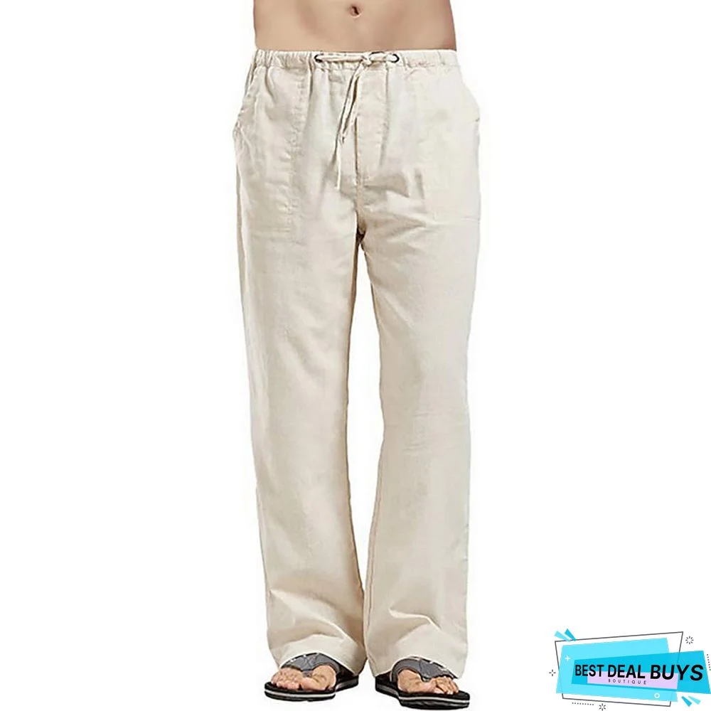Men's Linen Pants Trousers Summer Pants Beach Pants Wide Leg Plain Breathable Full Length Work Daily Beach Linen / Cotton Blend Fashion Casual Loose Fit Black White