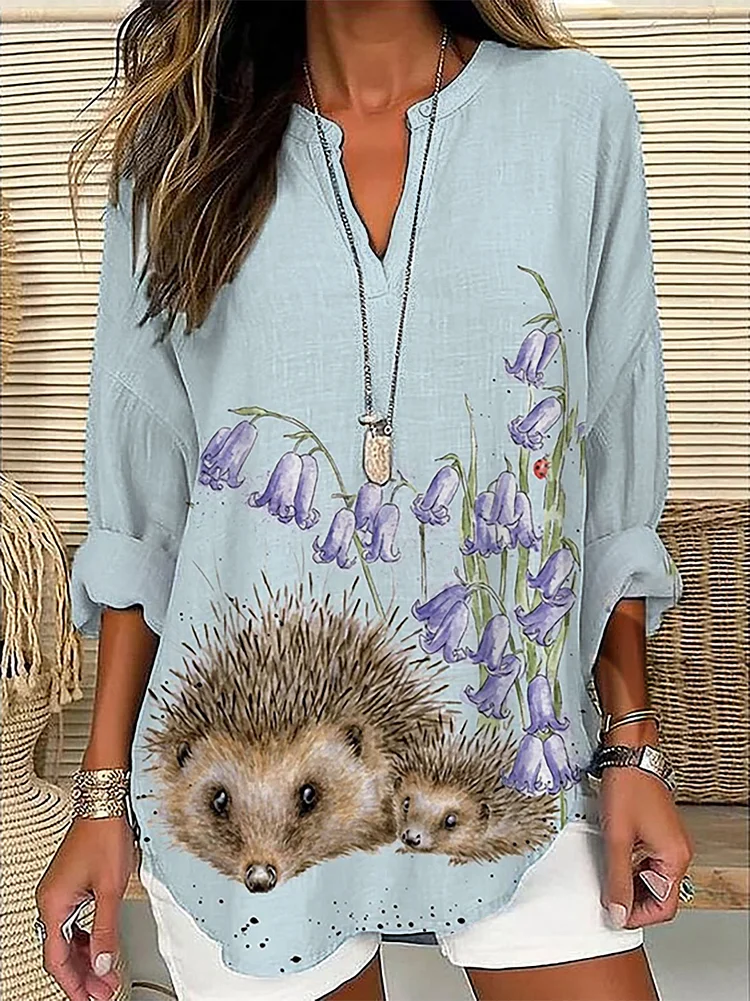 Women's Cute Hedgehog Floral Casual Top socialshop