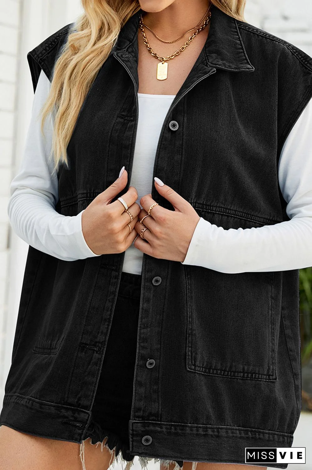 Open Front Pockets Sleeveless Denim Jacket