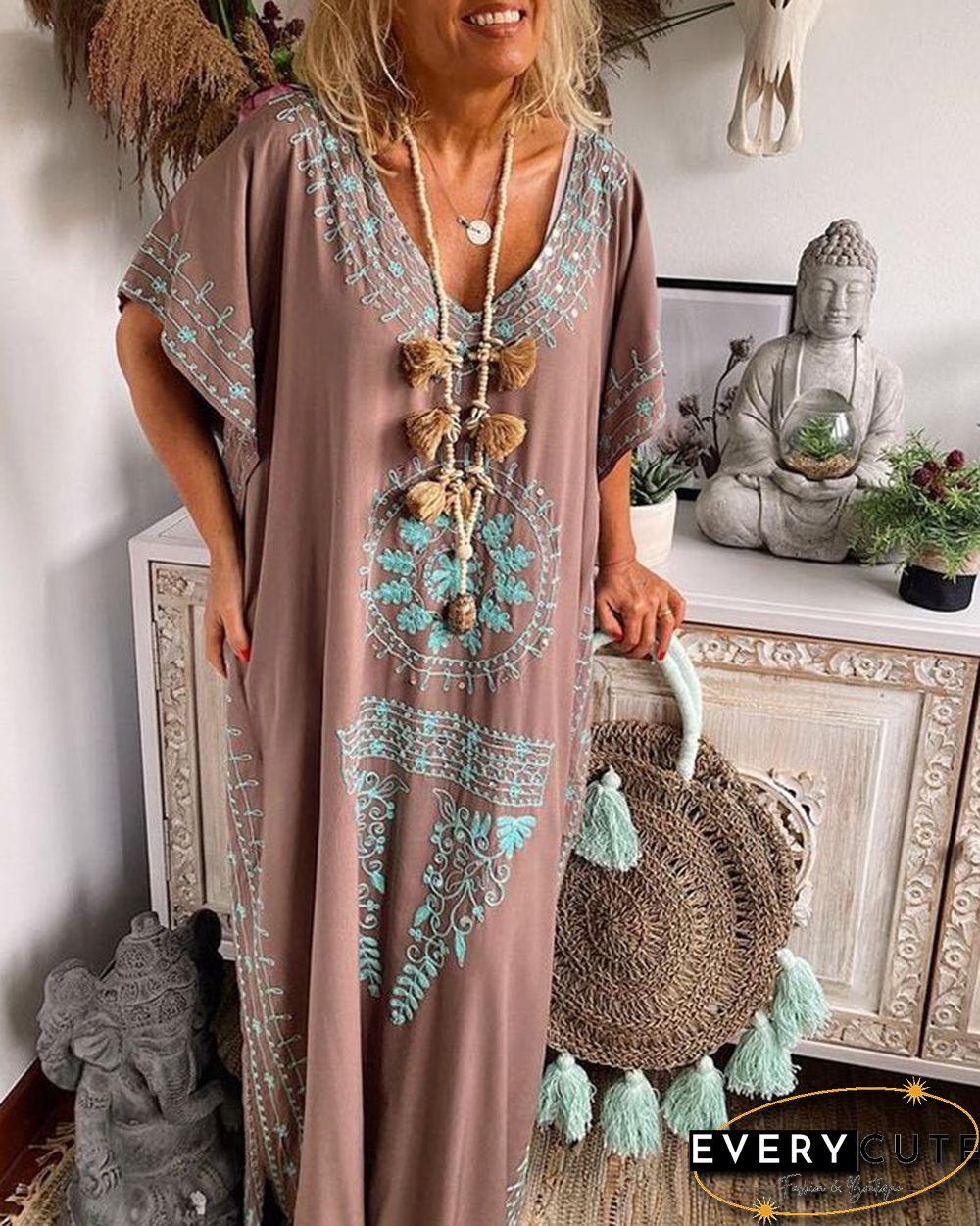 Retro Geometric Pattern Split Hem Loose Maxi Dress P14355