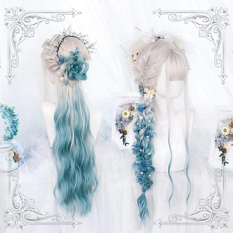 Lolita White Silver Gradiente Blue Long Curly Wig SP16494