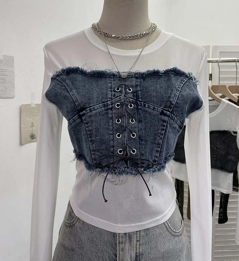 Zingj Vintage Babes Cowboy Spliced Tiring Strapped With Long Sleeves Short Mesh T-Shirt 2639