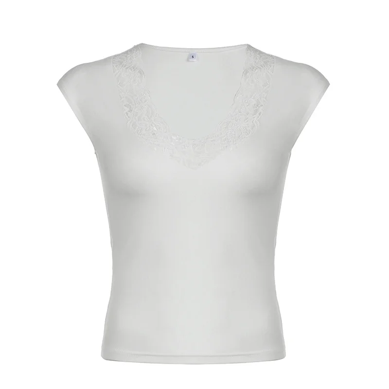 Ueong Women's Street Hot Girls Gentle Wind Lace Big V-Collar Slim Thin Short-Sleeved T-Shirt Women Summer