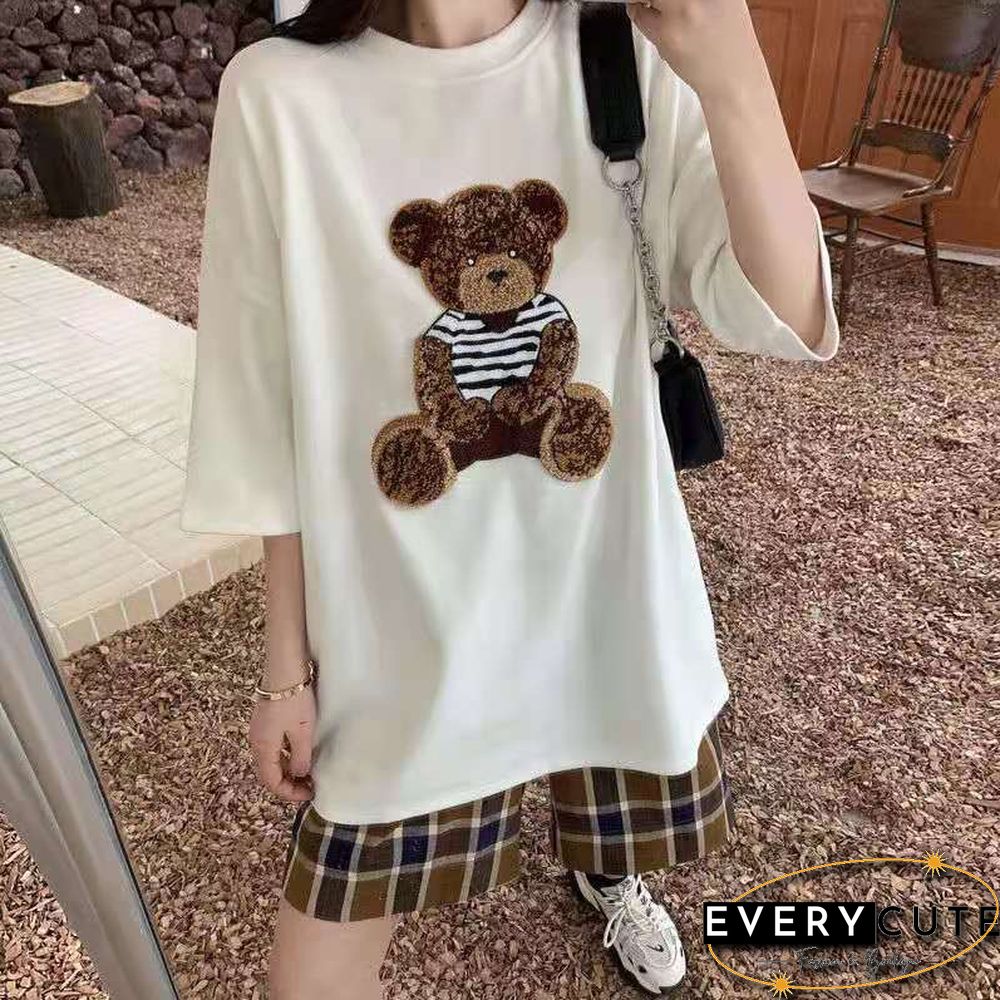 Harajuku Streetwear Oversized Women T-shirts Korean Cute Bear Half Sleeve Loose T-Shirt