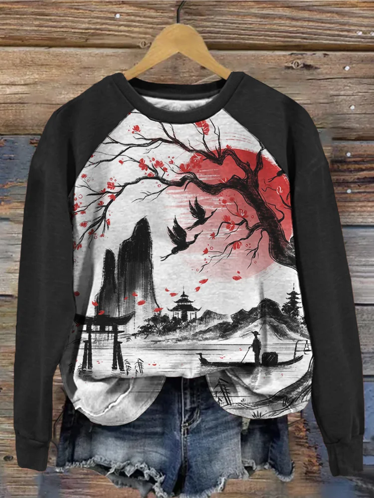 Japanese landscape Painting Art Contrast Sweatshirt