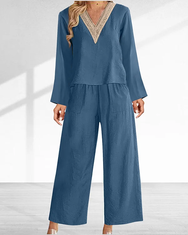 Casual and Comfortable Long Sleeve Boho V Neck Two-piece Suit