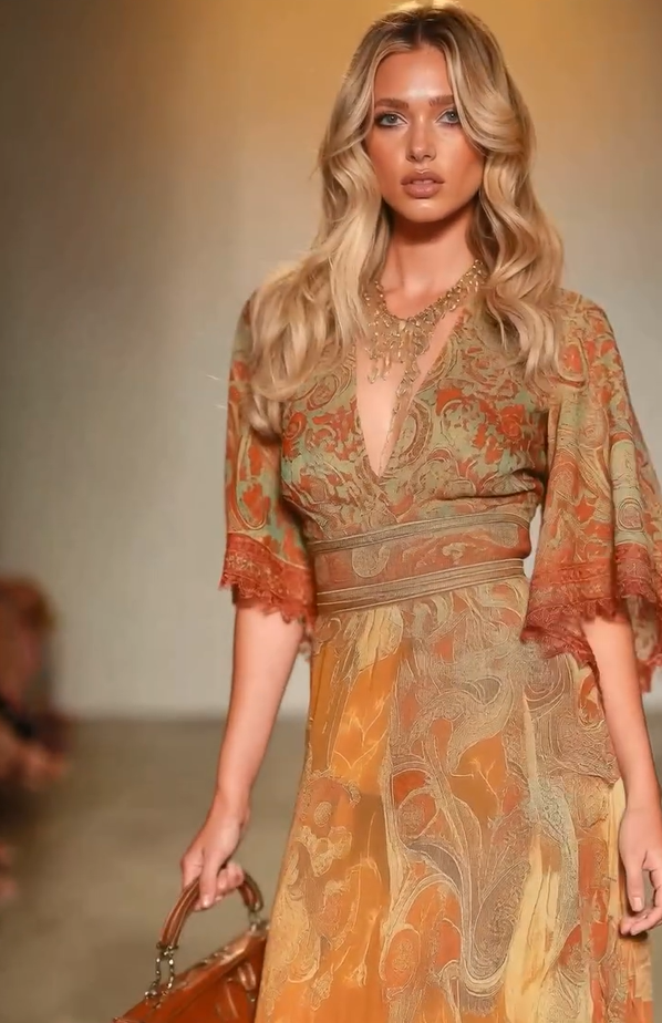 Vestido comprido elegante com estampado retro paisley e decote em V