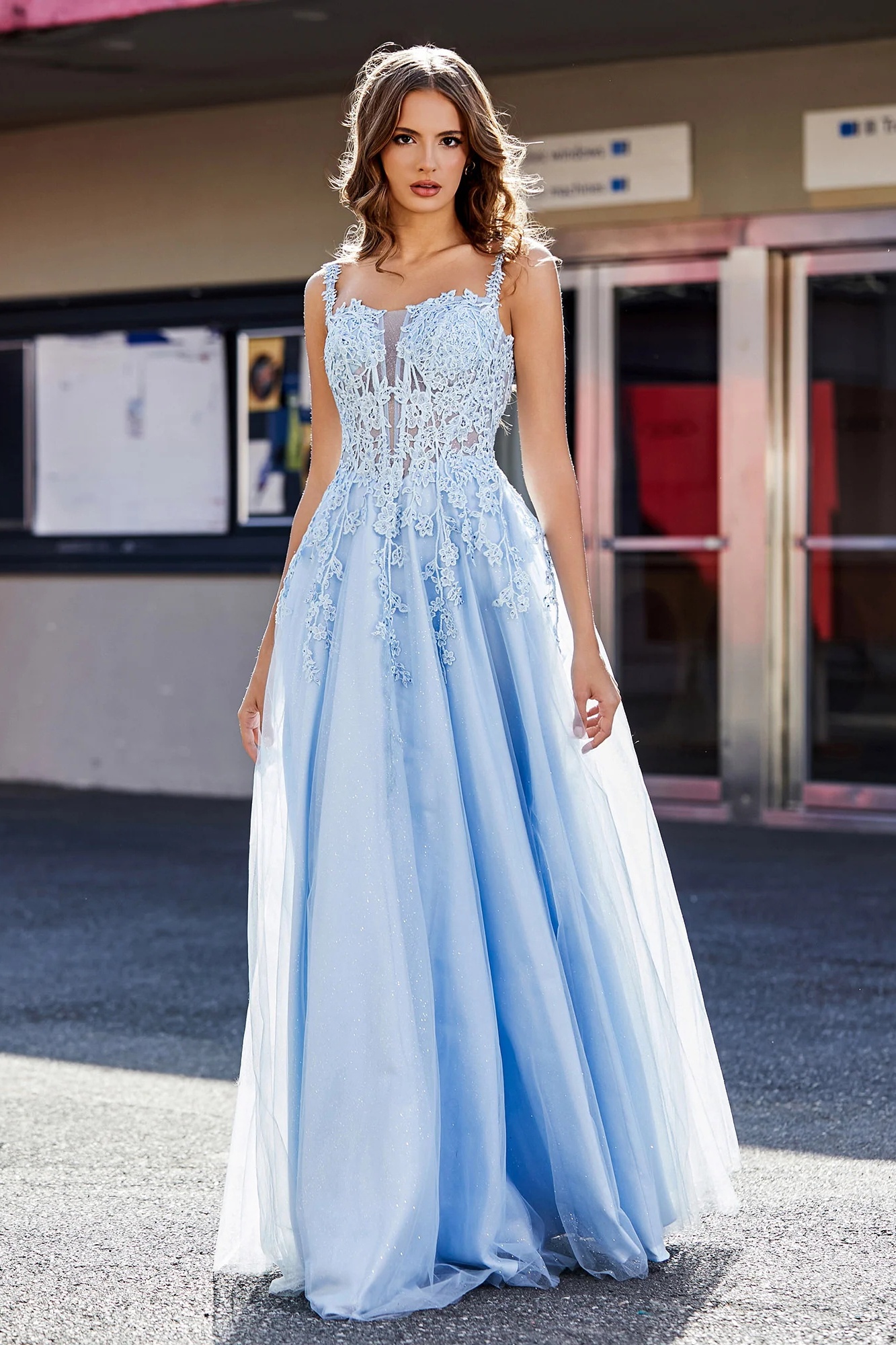Ovlias Classy Sky Blue Spaghetti Strap Applique Beaded Backless Prom Dress LY0400