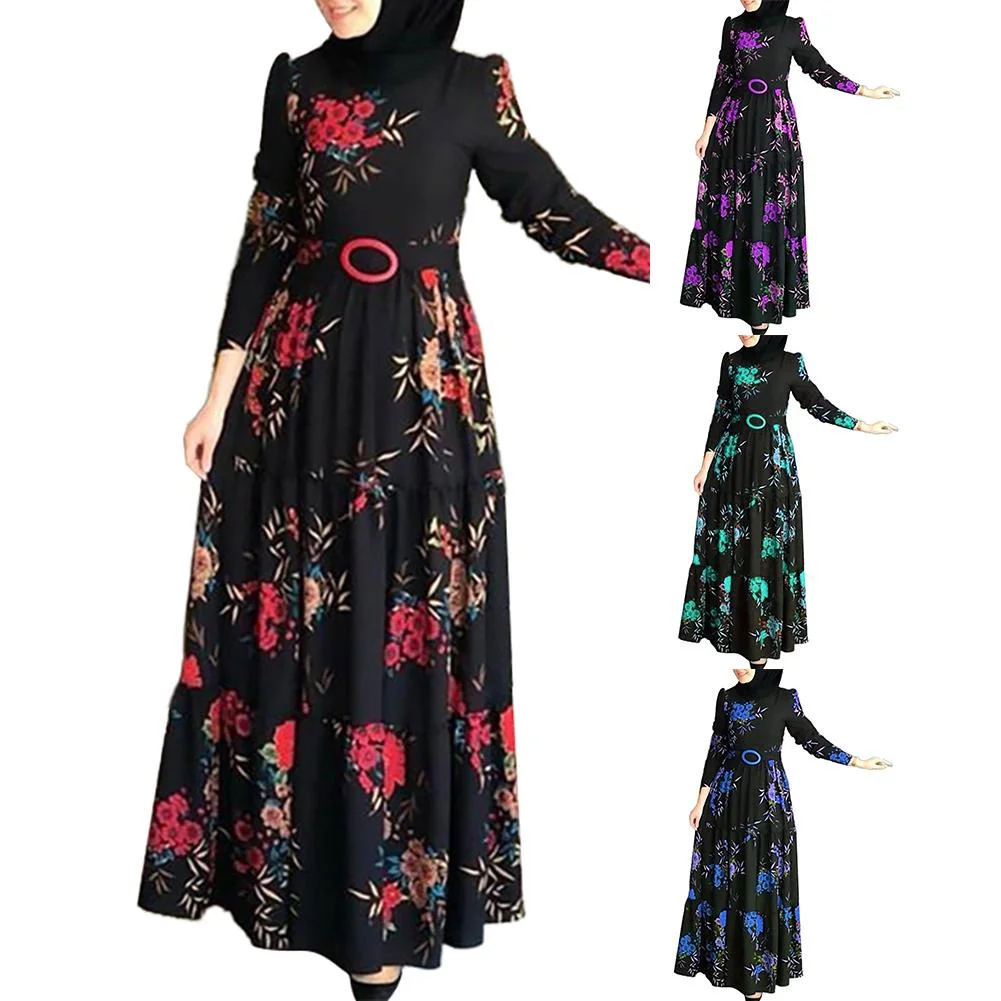 Muslim Abaya Dress Women Vintage Ethnic Floral Print Belt Maxi Kaftan Robe Long Sleeve Casual Long Dresses Party