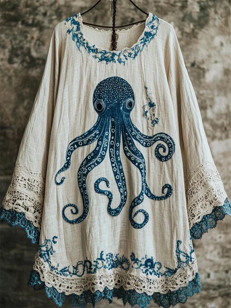 Lunivibe Octopus Embroidered Contrast Lace Hem Linen Blend Tunic