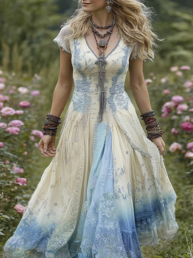 Vintage Gradient Purple Floral Embroidered Linen Maxi Dress