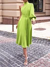 High-Neck Fluorescent One-Shoulder Long Sleeve Hollow A-Line Midi Dress