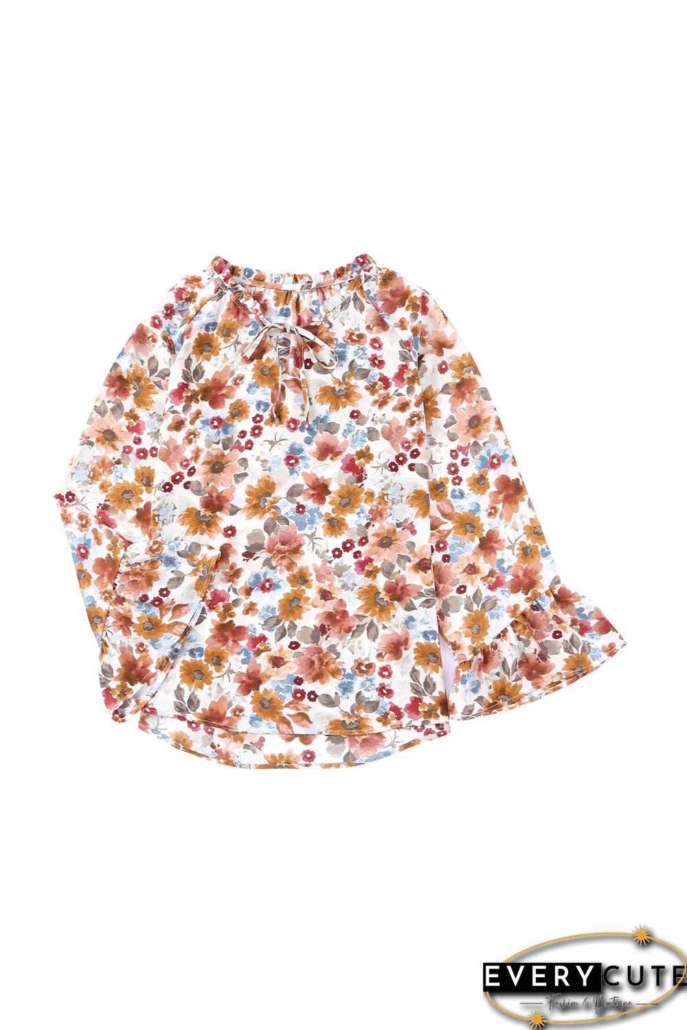 Orange Floral Print Flare Cuff Long Sleeve Blouse