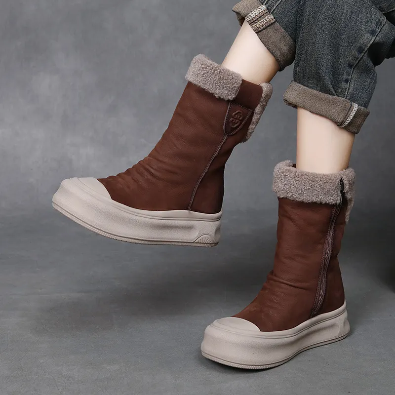 Yyvonne Cowhide Lamb Wool Snow Boots Winter New Maillard Warm And Velvet Boots Thick Bottom Increase