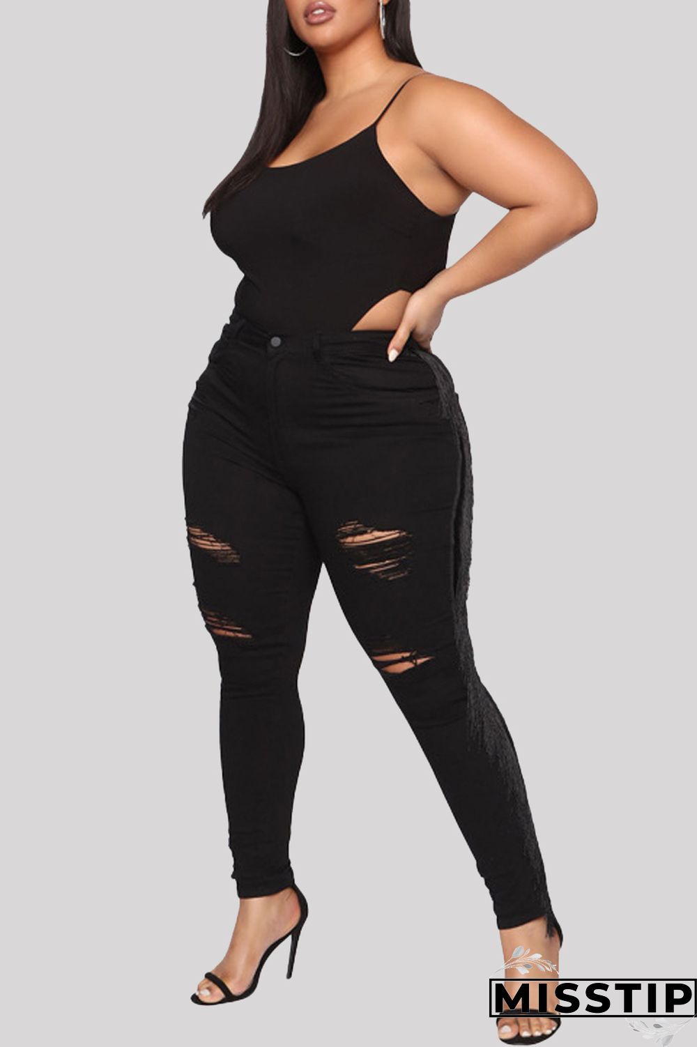 Black Fashion Casual Solid Tassel Ripped Plus Size Jeans