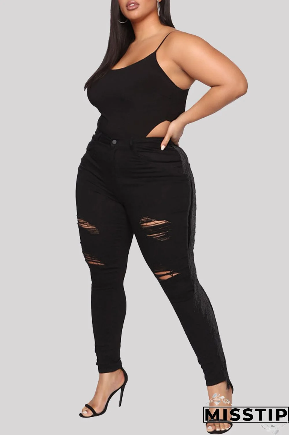 Black Fashion Casual Solid Tassel Ripped Plus Size Jeans