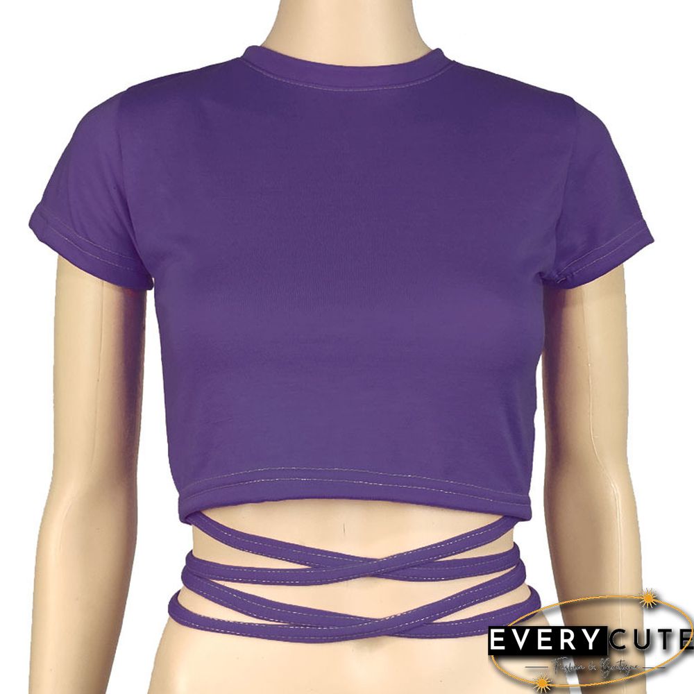 New O Neck Solid Tshirt Women Summer Cross Bandage Tee Sexy Short Sleeve Camisole Casual Tank Top Fashion Female Crop Tops Shirt