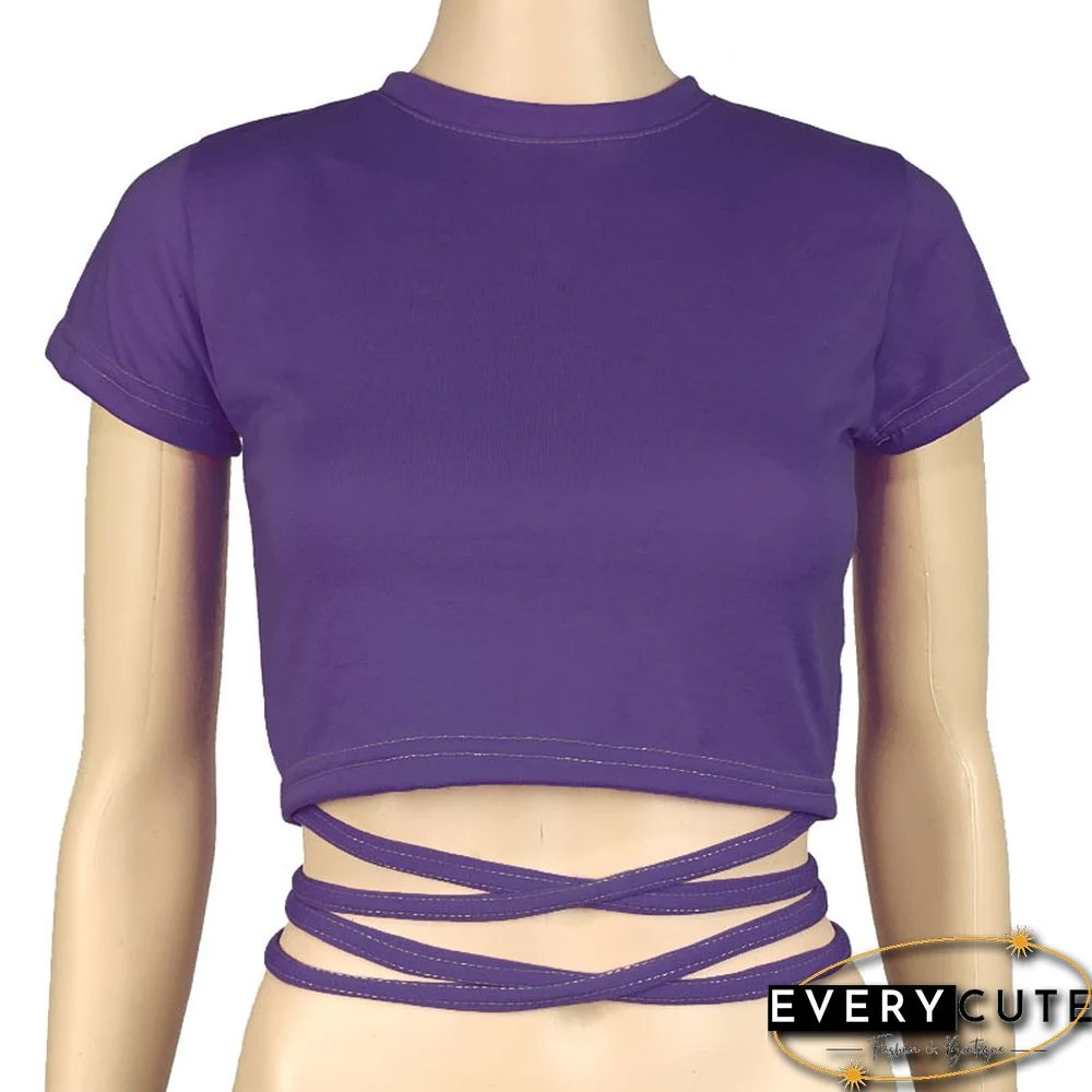 New O Neck Solid Tshirt Women Summer Cross Bandage Tee Sexy Short Sleeve Camisole Casual Tank Top Fashion Female Crop Tops Shirt